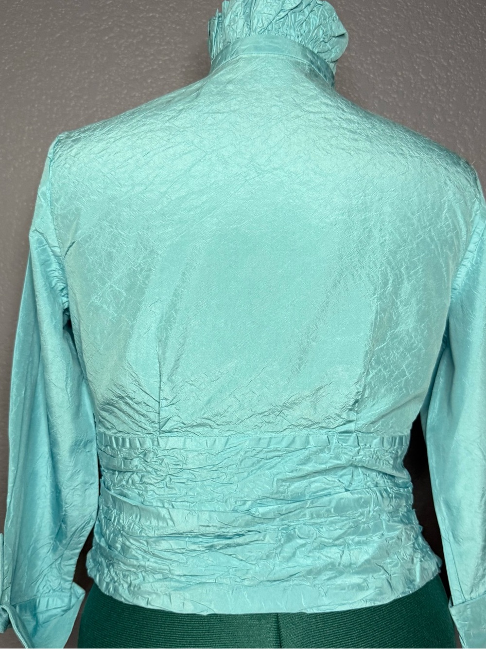 Flores & Flores 100% Silk Aqua Tie Waist Blouse Button Front V Neck Size 10 - Picture 5 of 9